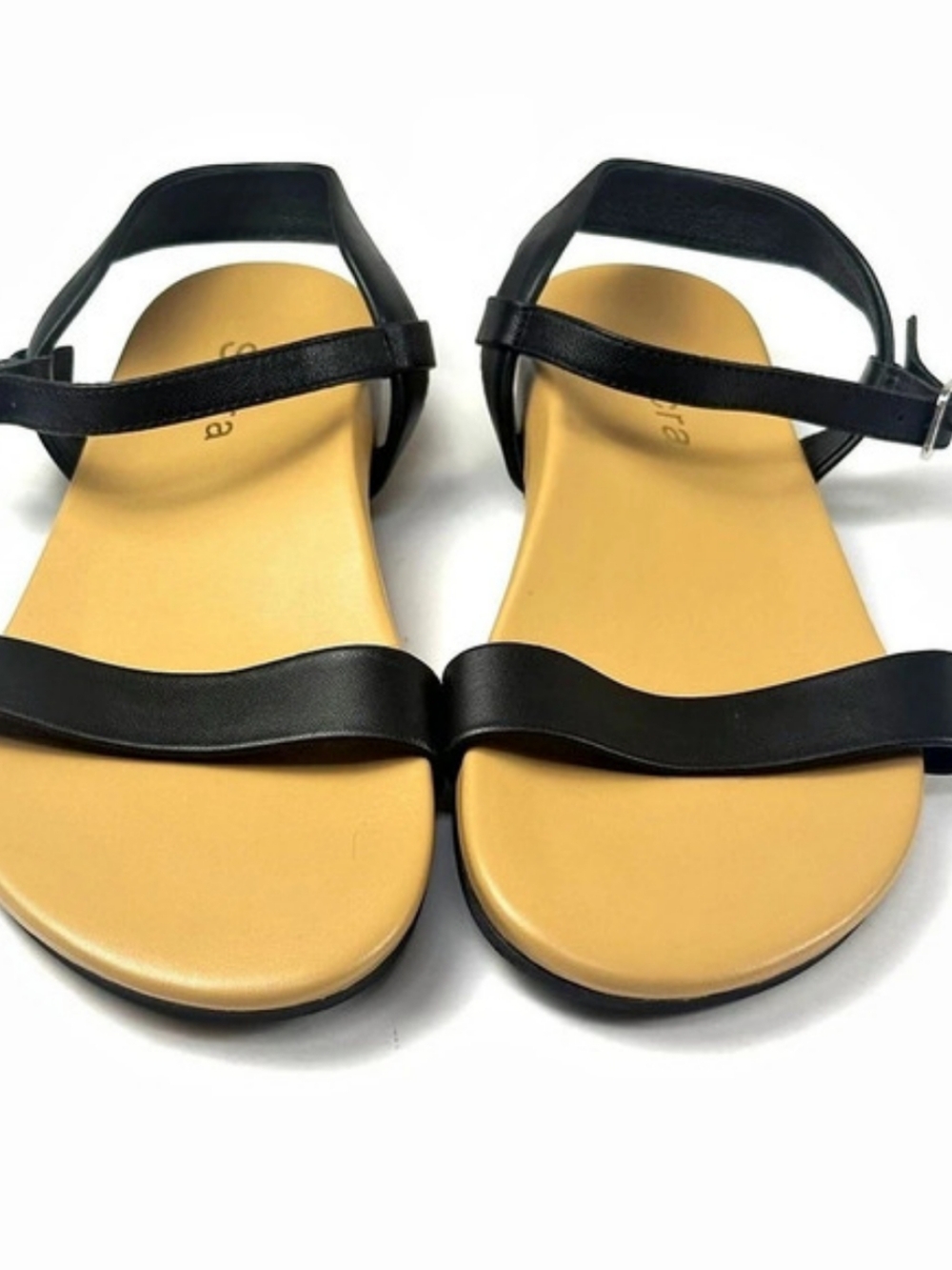 Secra Poppy Ankle Strap Flat Sandals Nappa Leather Black/Tan US 9.5 High Arch